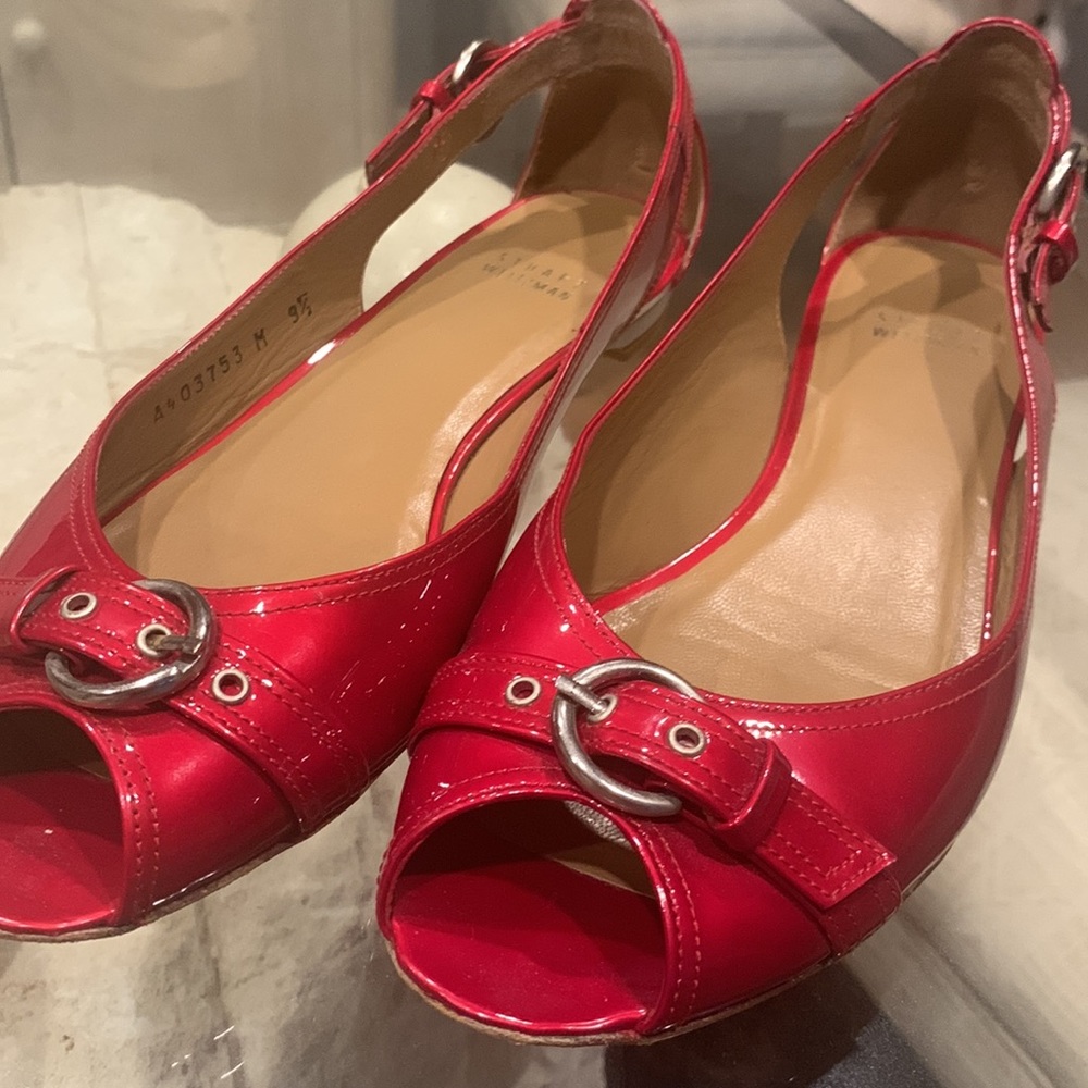 Stuart Weitzman Red Patent Leather Open Toe Flats